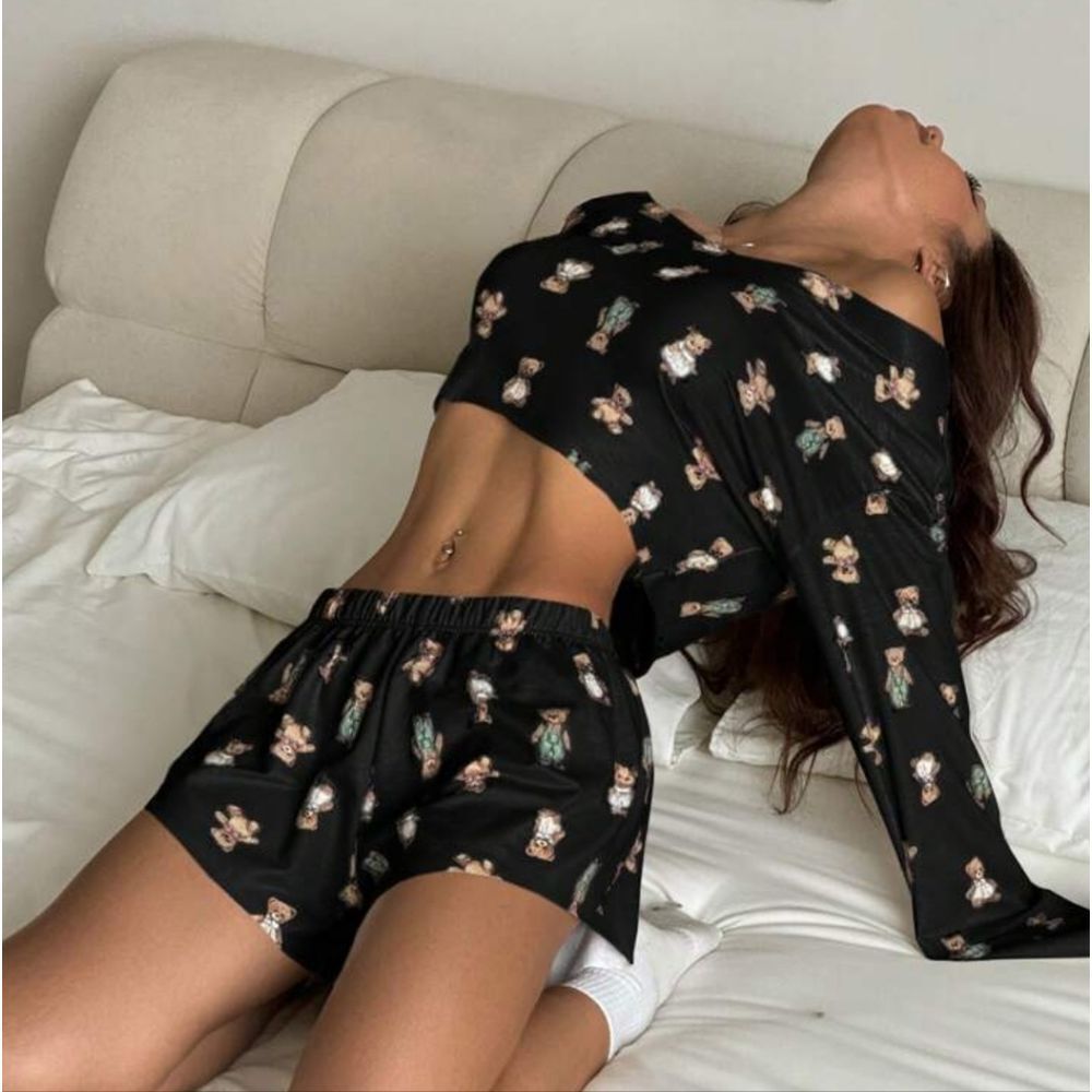 Women's Black Teddy Print Sleepwear Set - Picture 3 of 4